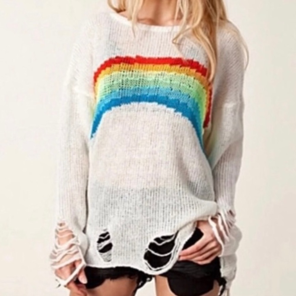 Wildfox White Label Distressed Rainbow Sweater